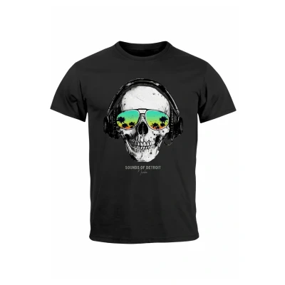 Abbildung von Neverless Totenkopf KOPFHÖRER Musik Party Skull Sonnenbrill Tshirt print, Herren, Größe: XS, Schwarz