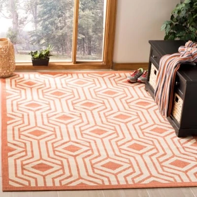 Abbildung von SAFAVIEH Zeitgenössische Teppich für Wohnzimmer, Esszimmer, Schlafzimmer Courtyard Collection, Kurzer Flor, Beige und Terrakotta, 201 X 290 cm