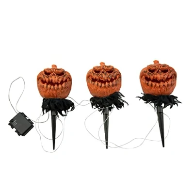 Abbildung von EUROPALMS Halloween Kürbisse mit Erdspieß, 3er Set, 39cm Stableuchten Set als Gartendekoration