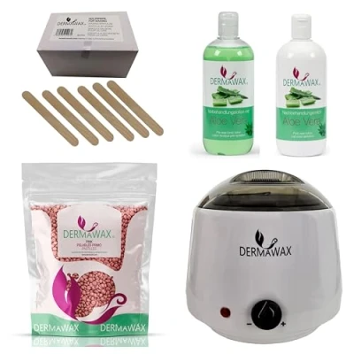 Abbildung von Dermawax Profi Waxing Set 1000 ml Wachsgerät Made in Spanien 1 kg Pink Wachsperlen 500 Aloe Vera Vorbehandlungslotion Nachbehandlungsmilch 200 Stück Holzspatel