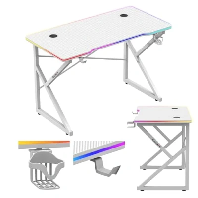 Abbildung von huzaro Hero 1.7 RGB White Gaming Schreibtisch mit LED Beleuchtung Computertisch 120x60cm Kopfhörerhaken Getränkehalter Kohlefaseroberfläche Kabeldurchführung Metallkonstruktion Weiß