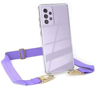 Abbildung von EAZY CASE Hülle mit Band kompatibel Samsung Galaxy A52 / A52s 5G Handyhülle Umhängeband Silikonhülle Transparent Schutzhülle Handykette zum Umhängen Handykordel Smartphone in Lila Gold
