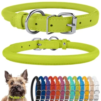 Abbildung von CollarDirect Rundes Leder Hundehalsband, weich gepolstert gerollt, handgefertigtes Echtleder Halsband für Hund Welpe Katze Klein Groß Schwarz Rosa Rot Lila Blau