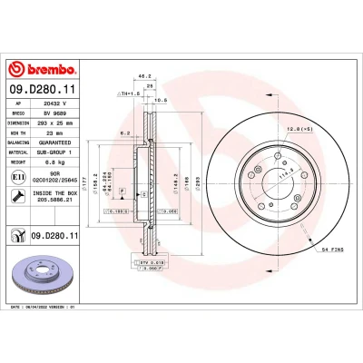 Abbildung von BREMBO 09.D280.11 Bremsscheibe 293 25 5 innenbelüftet beschichtet mit Schrauben HONDA: Accord 9 Limousine