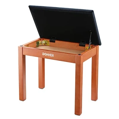 Abbildung von Donner Klavierbank mit Stauraum, Massivholz Keyboardbank, Klavier Bücherregal, Hocker, Stuhl, Sitz hochdichtem Wildlederkissen, Holz Finish Farbe
