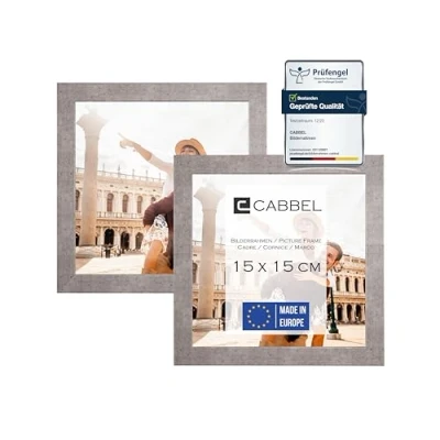 Abbildung von CABBEL Doppelpack (2er Set) Bilderrahmen 15x15 cm, Grau/Beton, stabiles MDF Holz Rahmen, bruchsicherem Plexi Glas, zum Aufhängen &amp; Aufstellen, ideal für Fotos/Bilder/Collage