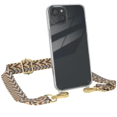 Abbildung von EAZY CASE Handykette mit verstellbarem Trageriemen für iPhone 15 Plus Taschengurt zum Wechseln transparenter Handyhülle Hülle dünner Schulterriemen in Braun Gold