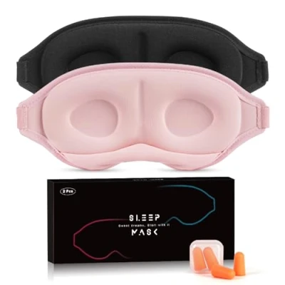 Abbildung von Aosun Schlafmaske für Seitenschläfer, 2er Pack, Verbesserte 3D Schlafbrille Frauen &amp; Herren, 100% Lichtblockierende Augenmaske Schlafmasken mit Verstellbarem Elastisch Ohrstöpsel Reisen