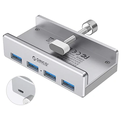 Abbildung von ORICO USB 3.0 hub 4 Port, Aluminium SuperSpeed Daten Mit Extra Netzteilanschluss Port für Desktop Computer, MacBook, MacBook Air/Pro/Mini（Silber）