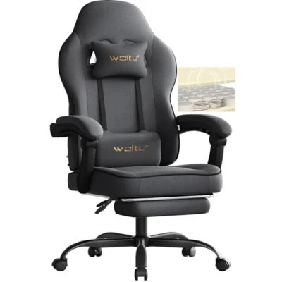 Abbildung von WOLTU Gaming Stuhl mit Taschenfederkissen, Sessel 150 kg Belastbarkeit, ergonomischer Drehstuhl, Gamer Kopfkissen, Lendenkissen, Fußstütze, Tech Stoff, Grau, GS10gr