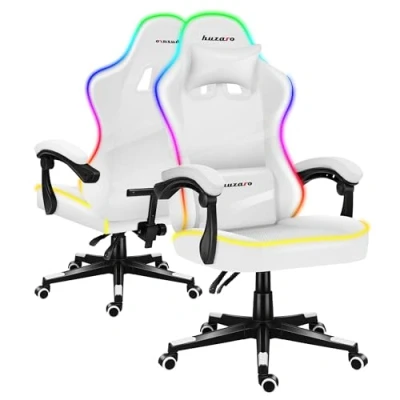 Abbildung von huzaro Force 4.4 RGB White LED Beleuchtung Gaming Stuhl Bürostuhl Schreibtischstuhl Ergonomischer Kunstleder Stoff Kopfstütze Lendenkissen Höhenverstellbar Wippfunktion 130 kg belastbar Weiß