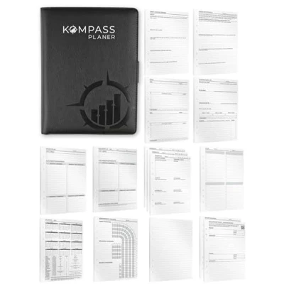 Abbildung von KOMPASS® Ringbuch A5 Nachfüllbar Journaling Set inkl. 304 Einlagen Dankbarkeits Tagebuch, Tagesplaner für mehr Achtsamkeit &amp; Fokus Bullet Journal Ringordner Binder, To Do Planer, Notizbuch