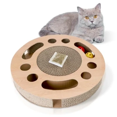 Abbildung von Nobleza Katzen kratzbrett mit Minze，Katzenspielzeug Interaktives 2 Klingelballs，3 in 1 Wellpappe Kratzmatte Katze