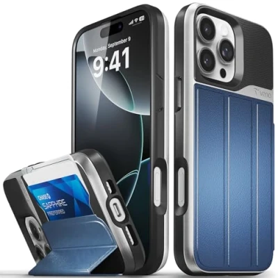 Abbildung von VENA vCommute Wallet Case Kompatibel mit Apple iPhone 16 Pro Max (6,9 Zoll), [Fallschutz in Militärqualität] Flip Leder Cover Kartensteckplatz Halter Kickstand Silber/Blau