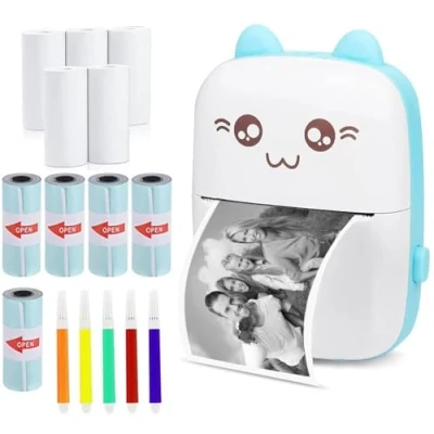 Abbildung von WANGCL Thermo Etikettendrucker mit USB Aufladung, tragbarer Bluetooth Fotodrucker, kompatibel Android oder iOS, 1 Rolle Thermopapier, Blau