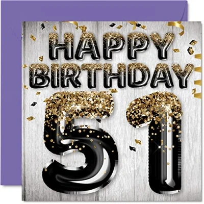 Abbildung von Stuff4 Geburtstagskarte zum 51. Geburtstag für Männer schwarze und goldene Glitzerballons Happy Karten 51 Jahre alten Mann Papa Opa Onkel 145 mm x Grußkarten Geschenk