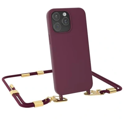 Abbildung von EAZY CASE Handykette mit Karabiner kompatibel iPhone 15 Pro Max Hülle Silikon Fallschutz Handyhülle für Kette zum Umhängen Schutzhülle Mikrofaser in Beere Clips Gold