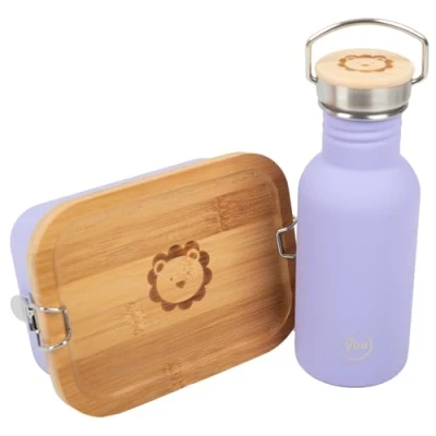 Abbildung von Lunch Set für Kinder Pausenbox mit Trinkflasche 500ml aus Edelstahl, auslaufsicher &amp; BPA frei, Brotdose Trennwand Ideal Schule Freizeit, Lila Flasche + Box, leicht zu reinigen