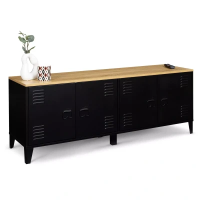 Abbildung von IDMarket Sideboard, niedrig, 140 cm, Ester, 4 Türen, Metall, Schwarz und Holzplatte, industrielles Design
