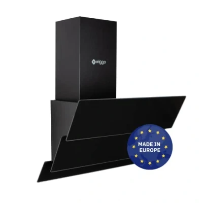 Abbildung von Wiggo Dunstabzugshaube 50cm kopffrei I Abluft Umluft Dunstabzug 300m3/h LED Touch Display 3 Stufen Schräghaube inkl. Fettfilter &amp; 2x Kohlefilter Abzugshaube mit teiliger Glasfront schwarz