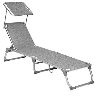 Abbildung von SONGMICS Sonnenliege mit Dach, Liegestuhl, Gartenliege, Aluminium, Rückenlehne verstellbar, klappbar, leicht, 55 x 193 31 cm, bis 150 kg belastbar, Garten, Balkon, Terrasse, grau meliert GCB19TG
