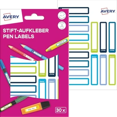 Abbildung von AVERY Zweckform RESMI30G Namensaufkleber Stifte Kinder 30 Stück (50x10mm, Papier, selbstklebende Stiftaufkleber, beschriftbare Stiftetiketten, Mini Namensetiketten für Schule, Kindergarten) blau,grün
