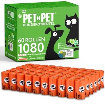 Abbildung von PET N Hundekotbeutel und Abfallbeutel USDA zertifiziert 38% biobasierte Kotbeutel für Hunde 1080 Anzahl 60 Rollen 9x13 Zoll Hundekotbeutel, unparfümierte