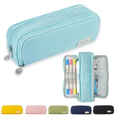 Abbildung von X SIM FITNESSX Federmäppchen Federtaschen Teenager Mädchen Mäppchen Etui Stifte 3 Fach, Große Kapazität Pencil Case für Schule &amp; Büro (Helle Blau)