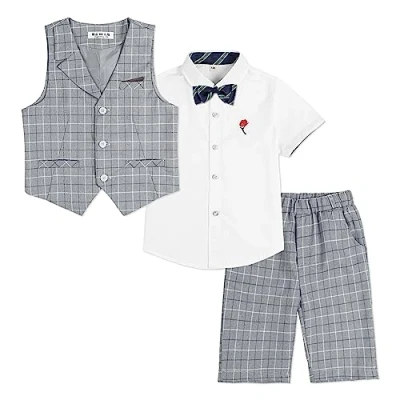 Abbildung von LOLANTA 4 teiliger Kinder Freizeit Anzug Set, Jungen Sommer Festlich Hochzeitsanzug, Kurzarm Hemd, Fliege, Weste, Kurze Hose, Grau kariert, 2 3 Jahre, 110