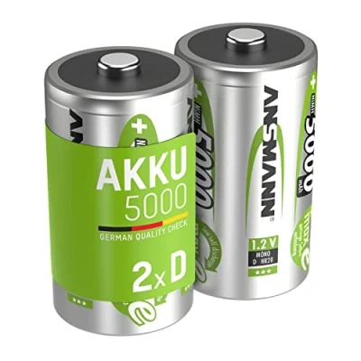 Abbildung von ANSMANN Akku Mono D 5000 mAh NiMH 1,2 V (2 Stück) Batterien wiederaufladbare Zellen, maxE sorgt für geringe Selbstentladung jahrelangen Einsatz in Spielzeug, Radio, Taschenlampe