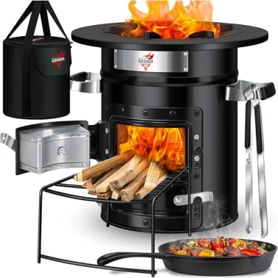 Abbildung von KESSER® Raketenofen mit Grillpfanne aus Gusseisen inkl. Grillzange &amp; Tragetasche Dutch Oven 6 integrierte Spikes BBQ Rakete Holzofen Camping Outdoor Campingkocher Campinggrill Edelstahl
