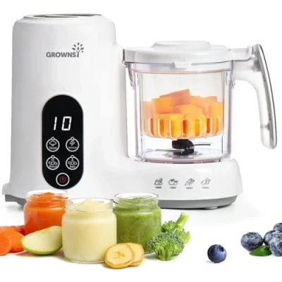 Abbildung von GROWNSY Babynahrungszubereiter mit Dampfkorb Dampfgarer, Mixer &amp; Sterilisator in einem Gerät, BPA frei, für gesunde hausgemachte Babynahrung, frei