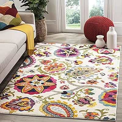 Abbildung von SAFAVIEH Boho Teppich für Wohnzimmer, Esszimmer, Schlafzimmer Monaco Collection, Kurzer Flor, Elfenbein und Multi, 91 X 152 cm