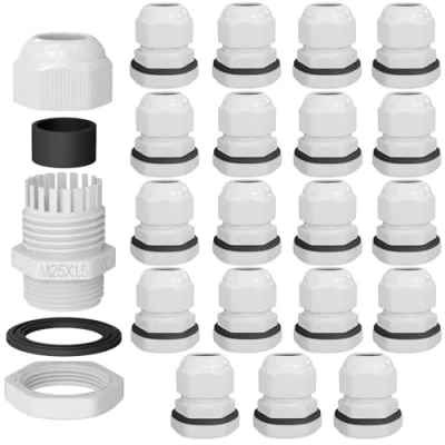 Abbildung von hb digital 20х Kabelverschraubung M25 für 11 15mm Kabeldurchmesser IP68 staub &amp; wasserdicht mit Gummidichtung Gegenmutter Klemmlamellen Stopfbuchse Isolation Kabeleinführung Weiss