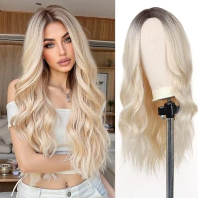 Abbildung von Esmee 26 Zoll lange Blonde Perücken für Frauen Naturhaar Kunsthaar Perücke Blond Schatten mit dunklen Wurzeln Kunstperücke Loose Wavy hitzebeständig