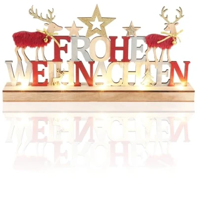 Abbildung von com four® LED Deko Aufsteller aus Holz beleuchteter Schriftzug auf Holzsockel zum Hinstellen für Weihnachten Stimmungslicht mit Timer (Hirsche rot + grau)