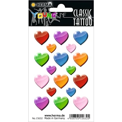 Abbildung von HERMA 15632 Temporäre Tattoos Herzen, 18 Stück, Klebetattoos zum Aufkleben, Fake Aufkleber mit bunten Herz Motiv, Kindertattoos Sticker für Geburtstag Fasching Karneval Kinder Erwachsene