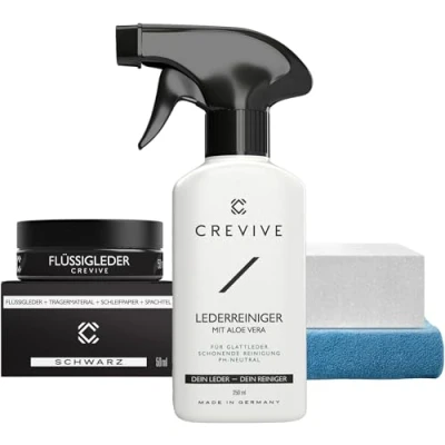 Abbildung von CREVIVE Flüssigleder 50 ml + Lederreiniger 250 Lederpflegeset (SPARSET 7 teilig, Lederreparatur, sehr ergiebig), Leder Reparatur Set, Kunstleder Reparaturset, für Sofa, Couch, Auto