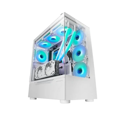 Abbildung von Mars Gaming MC ULT, Custom XXL E ATX Gehäuse, Dual 90 Rahmenloses Gehärtetes Glas + Seitentür, Volle Flüssigkühlung, PC Tower mit Vertical Chamber Design, Weiß