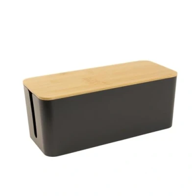 Abbildung von Intirilife Kabelbox mit Bambusdeckel in Schwarz 32 x 13.6 12.7 cm Kabelmanagement Box, Organizer zum Verstecken von Kabeln und Steckdosenleisten