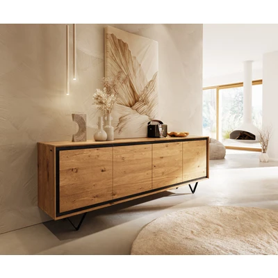 Abbildung von Sideboard Stonegrace 200 cm Eiche Natur 4 Türen Steinfurnier V Fuß Metall Schwarz