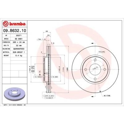 Abbildung von BREMBO 09.B632.10 Bremsscheibe 280 24 4 innenbelüftet NISSAN: Tiida Schrägheck, Cube, Limousine