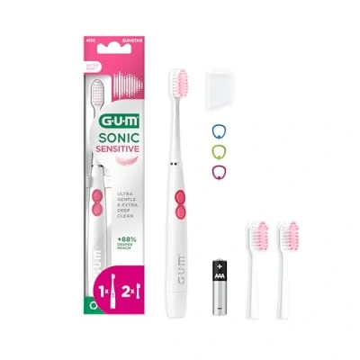 Abbildung von GUM Sonic Sensitive batteriebetriebene elektrische Zahnbürste, sehr tragbar, bietet ultra sanfte und gründliche Reinigung, 1 x Bürste, 2 Ersatzköpfe, AAA Batterie
