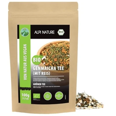 Abbildung von Bio Genmaicha Tee (100g), Japanischer Tee, Grüner mit geröstetem Reis aus kontrolliert biologischem Anbau, Grüntee geschnitten