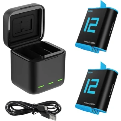 Abbildung von TELESIN Dreifach Ladegerät und Akku Speicherbox mit 3 Kanälen 2 Li Ion Akkus für GoPro Hero 12 11/10/9 Black (1 + Akkus)