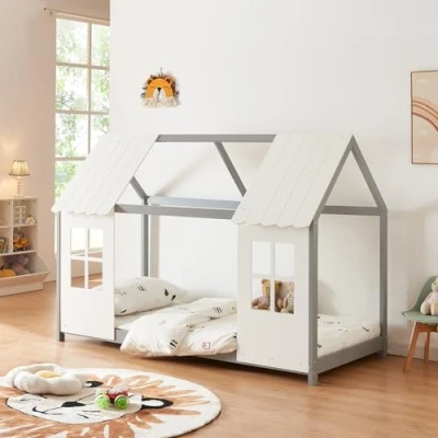 Abbildung von [en.casa] Kinderbett Tostedt Hausbett Jugendbett Bettenhaus Spielbett Halboffenes Design Montessori Bett aus massiver Kiefer Bettgestell Holz 90x200cm Grau/Weiß
