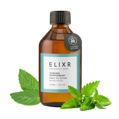 Abbildung von ELIXR Mundziehöl aus Höhle der Löwen 200ml ayurvedische Mundspülung pflegt auf natürliche Weise zertifizierte Naturkosmetik Deutschland (200ml, Strong Peppermint)