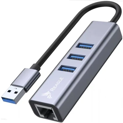 Abbildung von Reagle USB A 3.1 Hub mit Gigabit LAN RJ 45 4 in 1 3.2 Gen Adapter für 5Gb/s Datentransfer, Plug &amp; Play, Aluminium Gehäuse, Kompatibel Maus, Tastatur, Ethernet