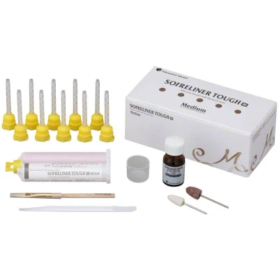 Abbildung von Sofreliner Tough M Komplett Kit 2 x 27 g Paste, 10 ml Primer, Mixing Tips XS, Poliersystem