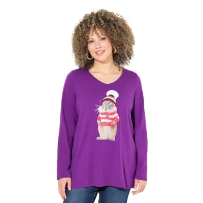 Abbildung von Ulla Popken Christmas Squirrel Graphic Langarmshirt, Damen, Größe: 54/56, Dark purple